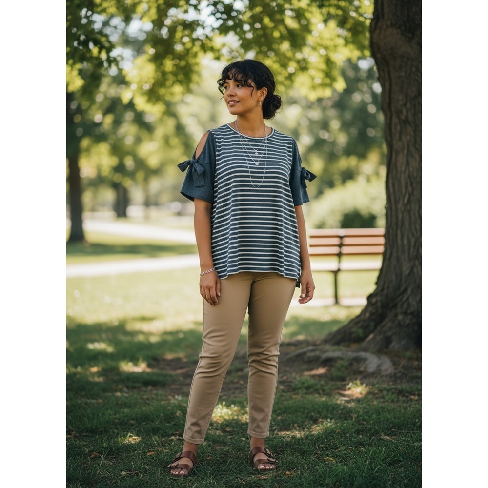 Umgee Striped Top Women Large Blue White Excellent Tie Sleeve Cold Shoulder